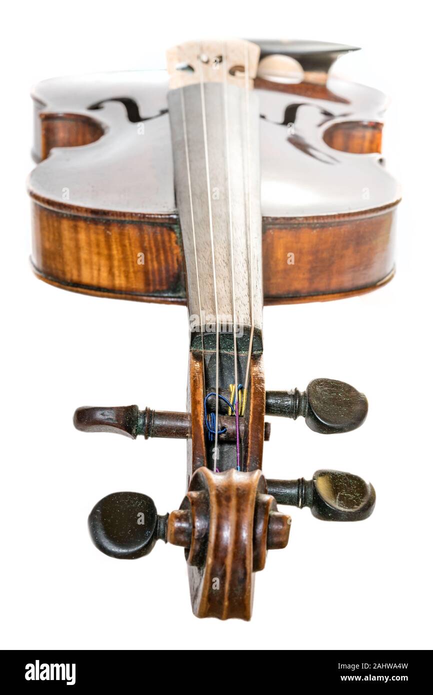 Old dark brown Violin isolated on white Stock Photo