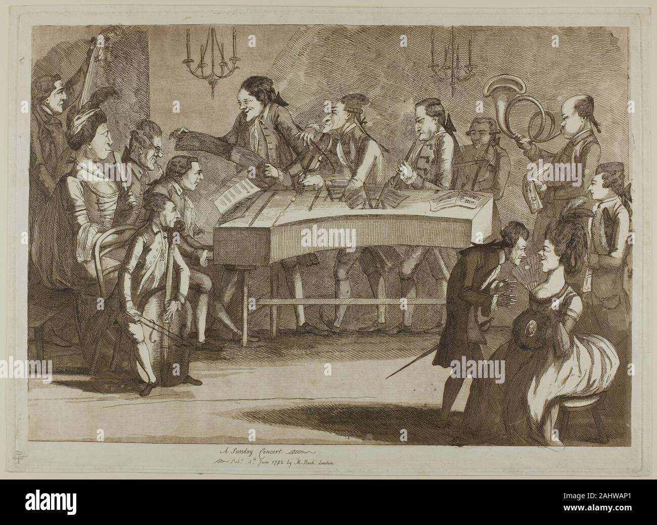 James Bretherton. A Sunday Concert. 1777–1787. England. Etching and aquatint in brown on cream laid paper This satirical etching of a private London musical gathering exaggerates to great effect the aristocratic English enthusiasm for foreign musicians. Nearly all of these figures are identifiable portraits, particularly the larger-than-life woman to the left of the piano. She is Lady Mary Duncan, who idolized the Italian mezzosoprano castrato Gaspare Pacchierotti (seen standing just behind the piano) to the point of extreme rudeness toward other musicians. The satirist Isaac Cruikshank would Stock Photo