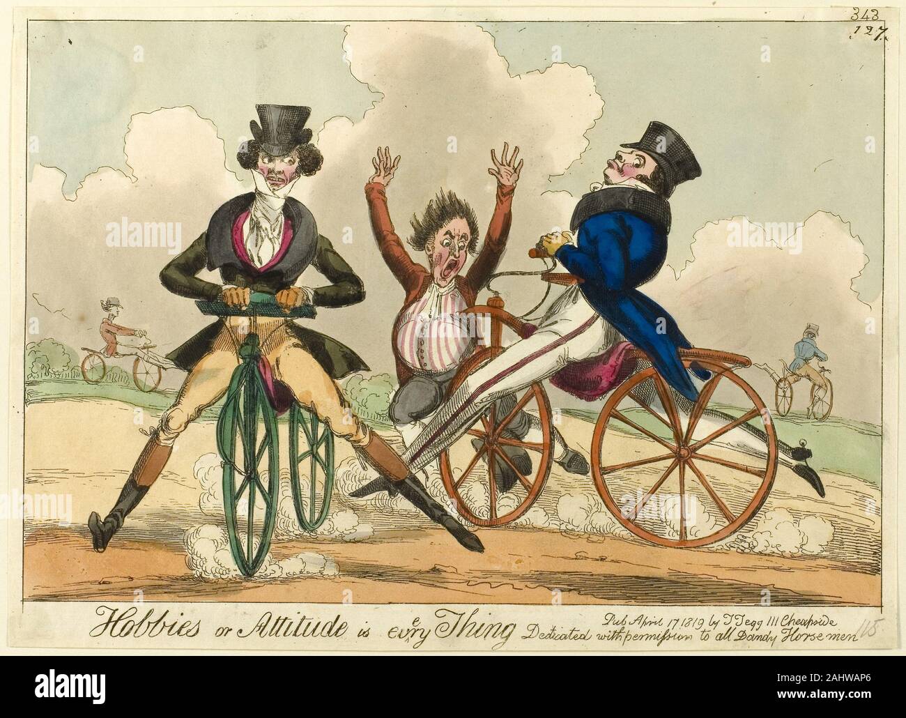 Thomas Tegg (Publisher). Hobbies or Attitude is Everything, Dedicated with permission to all Dandy Horsemen. 1819. England. Hand-colored etching on ivory wove paper Stock Photo