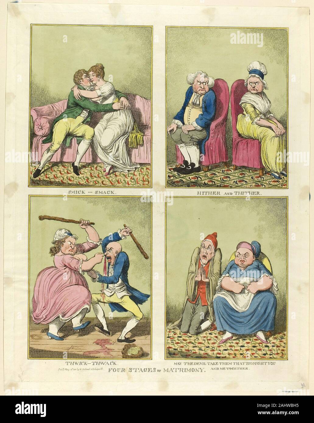 Richard Newton. Four Stages of Matrimony. 1811. England. Etching, with hand-coloring, on paper Stock Photo