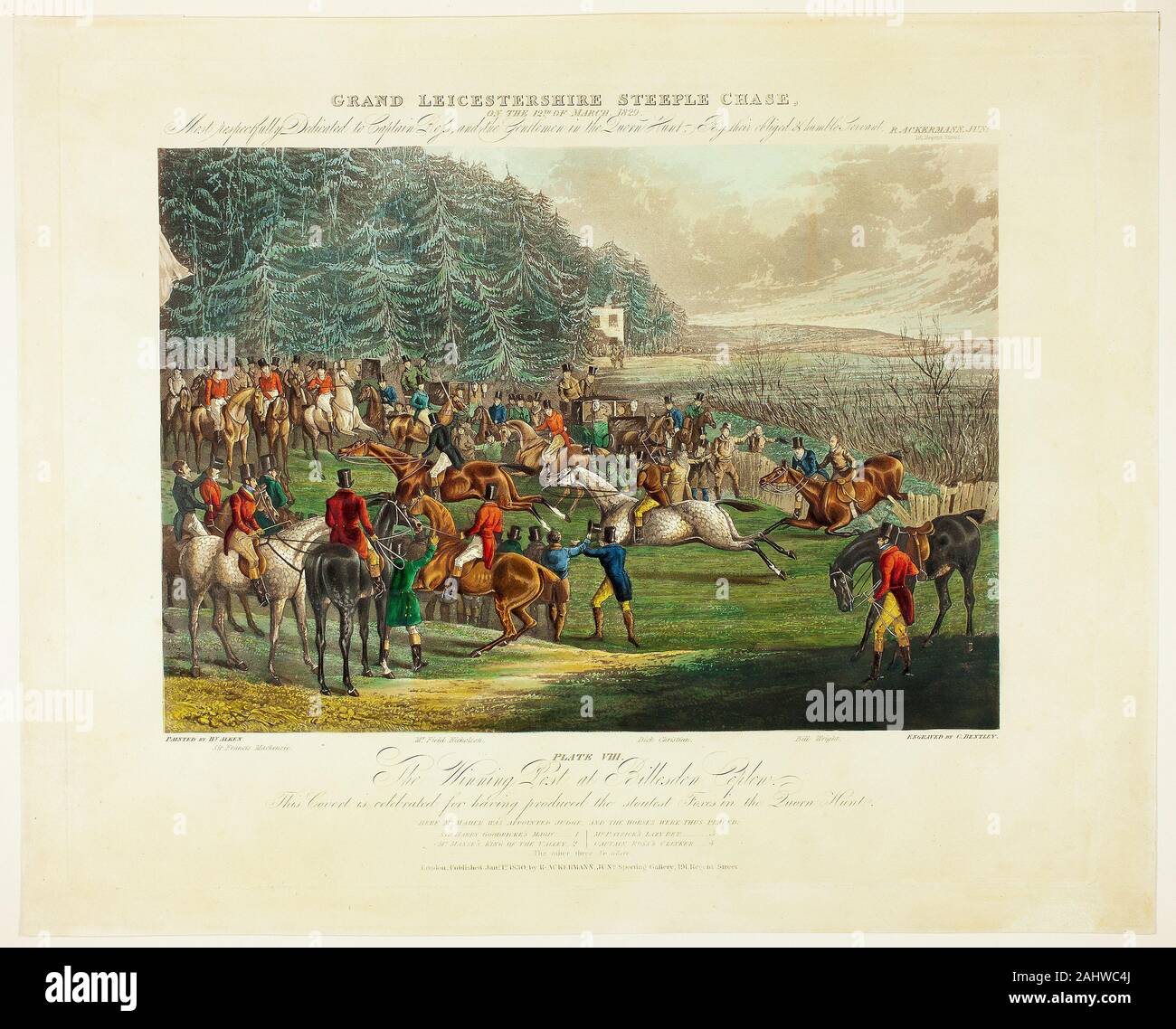 Charles Bentley. The Winning Post, from The Grand Steeplechase over Leicestershire. 1830. England. Color aquatint on paper Stock Photo