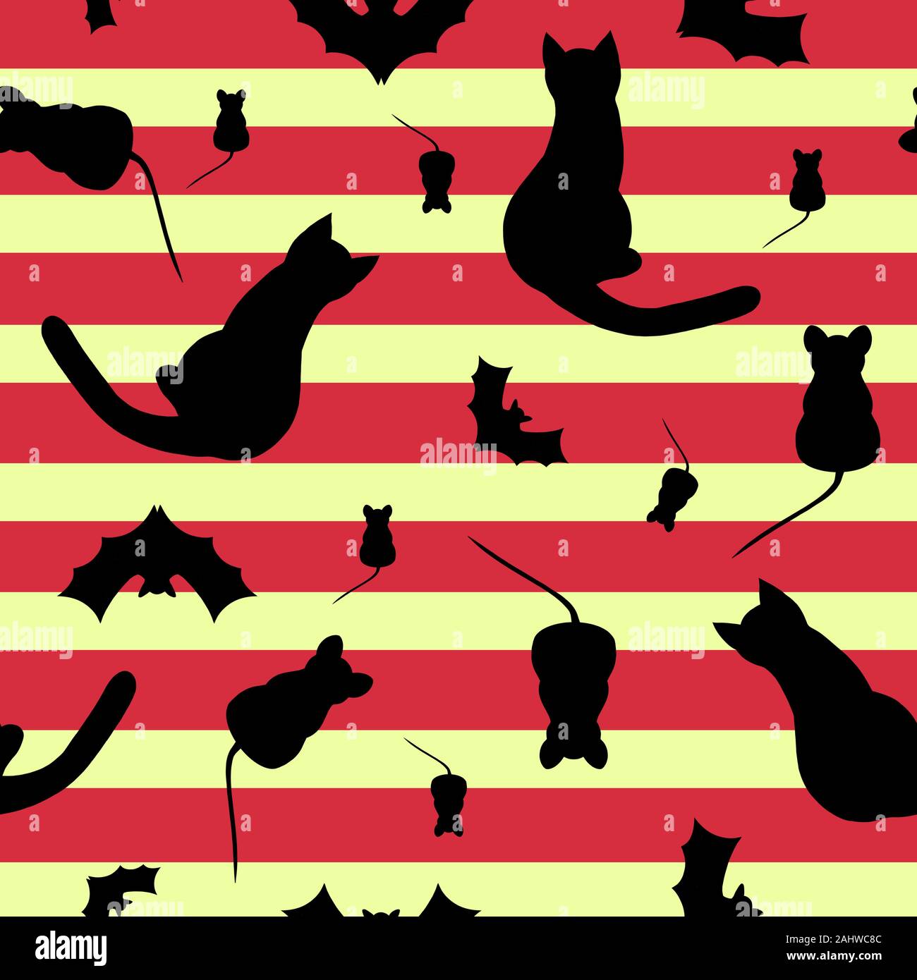 Seamless pattern with black cat, mouse and bat on a bright yellow-red strips. Stock Photo