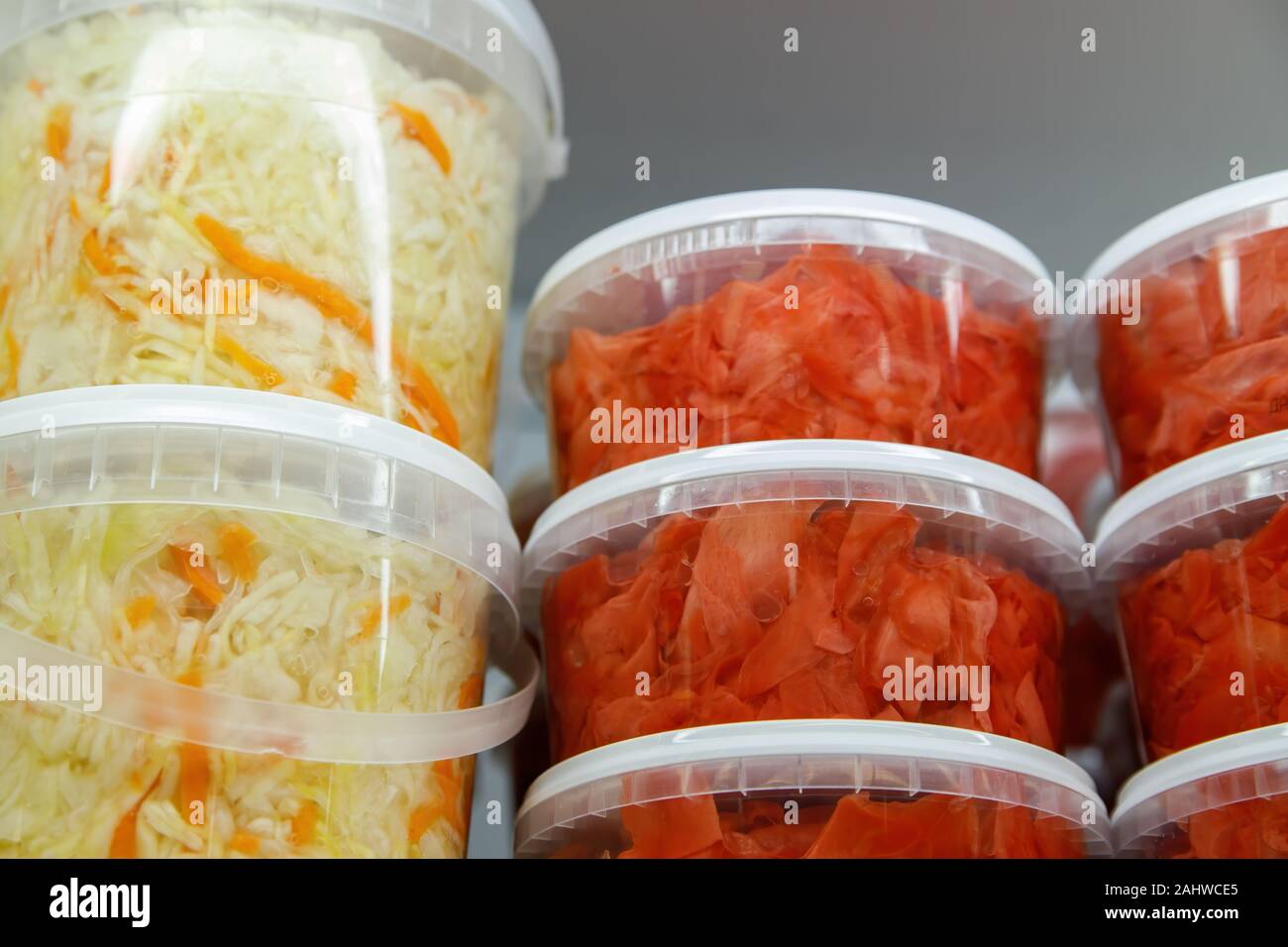 Canned, marinated fermented and pickled vegetables in plastic jars