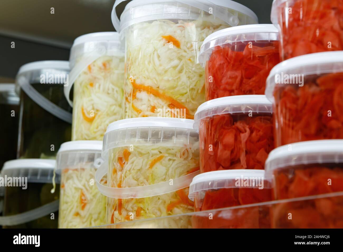 Canned, marinated fermented and pickled vegetables in plastic jars