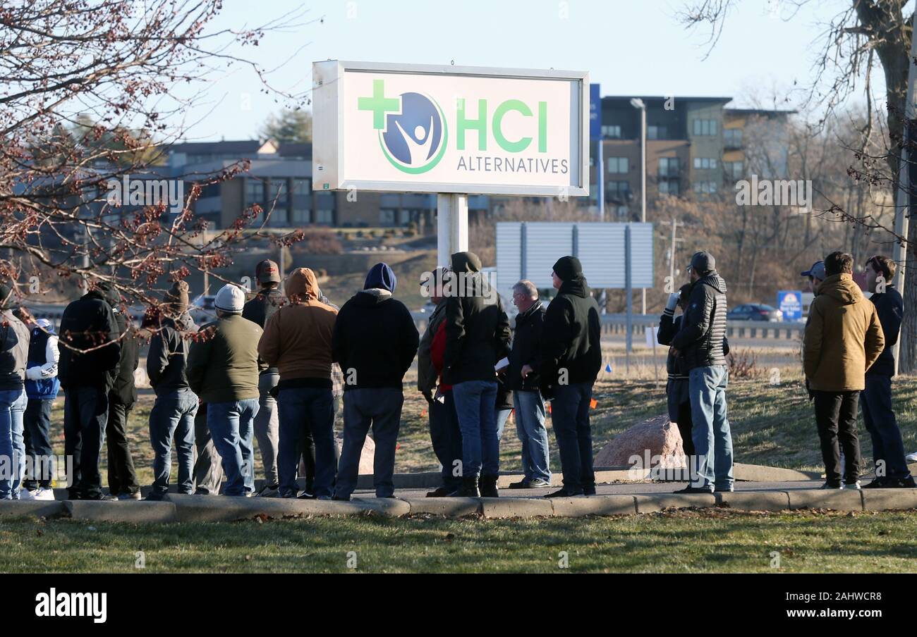 Customers wait in long lines at HLI Alternatives, to purchase recreational marijuana on the first day of sales in the state of Illinois in Collisville, Illinois on Wednesday, January 1, 2020. Illinois residents 21 and older can now buy up to 30 grams of marijuana plant material, edibles with up to 500 milligrams of THC and five grams of cannabis concentrate items.    Photo by Bill Greenblatt/UPI Stock Photo
