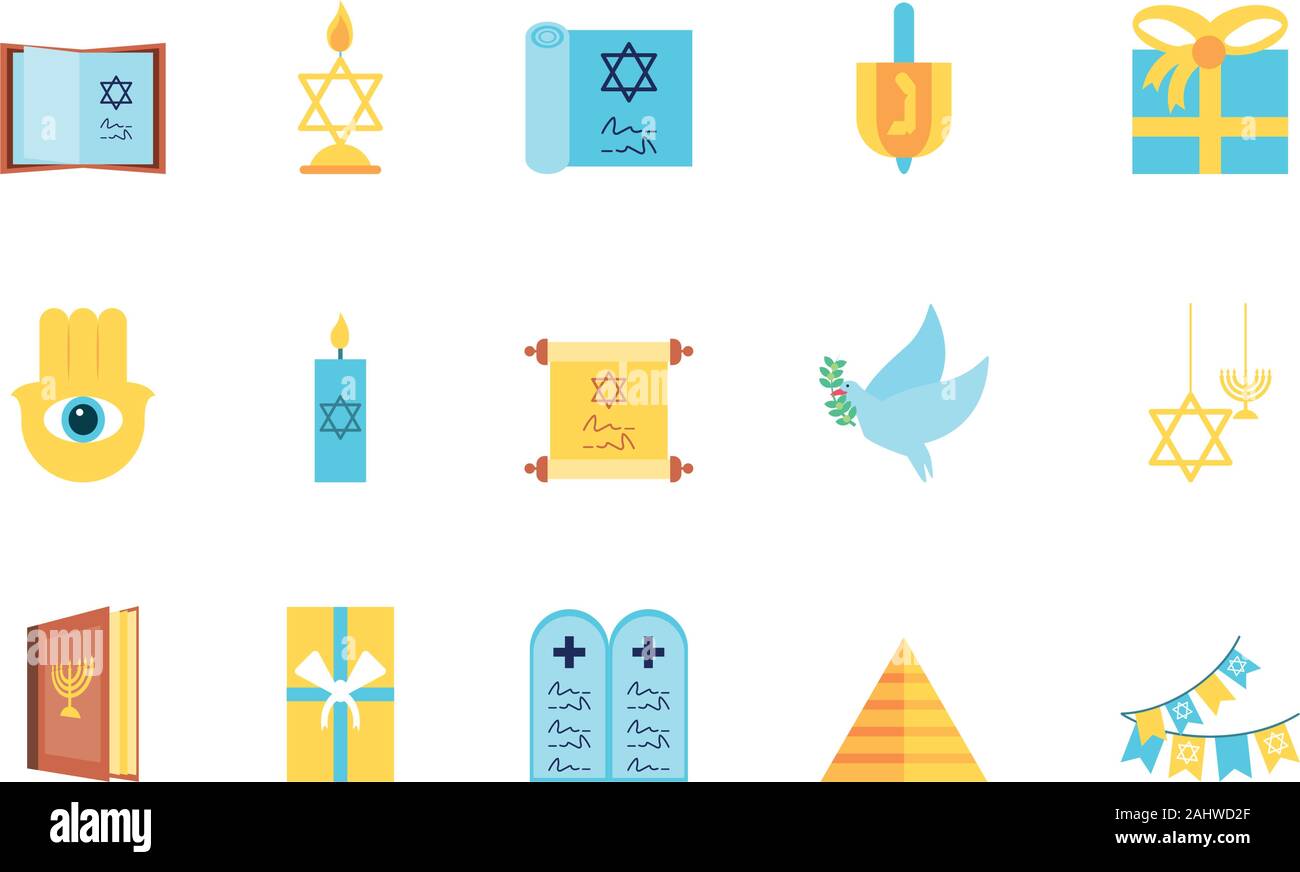 Jewish icon set design, Hanukkah holiday celebration judaism religion ...