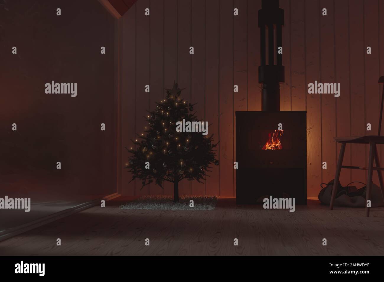 3d rendering of wooden chalet with cosy fireplace next to the christmas tree and frozen window Stock Photo