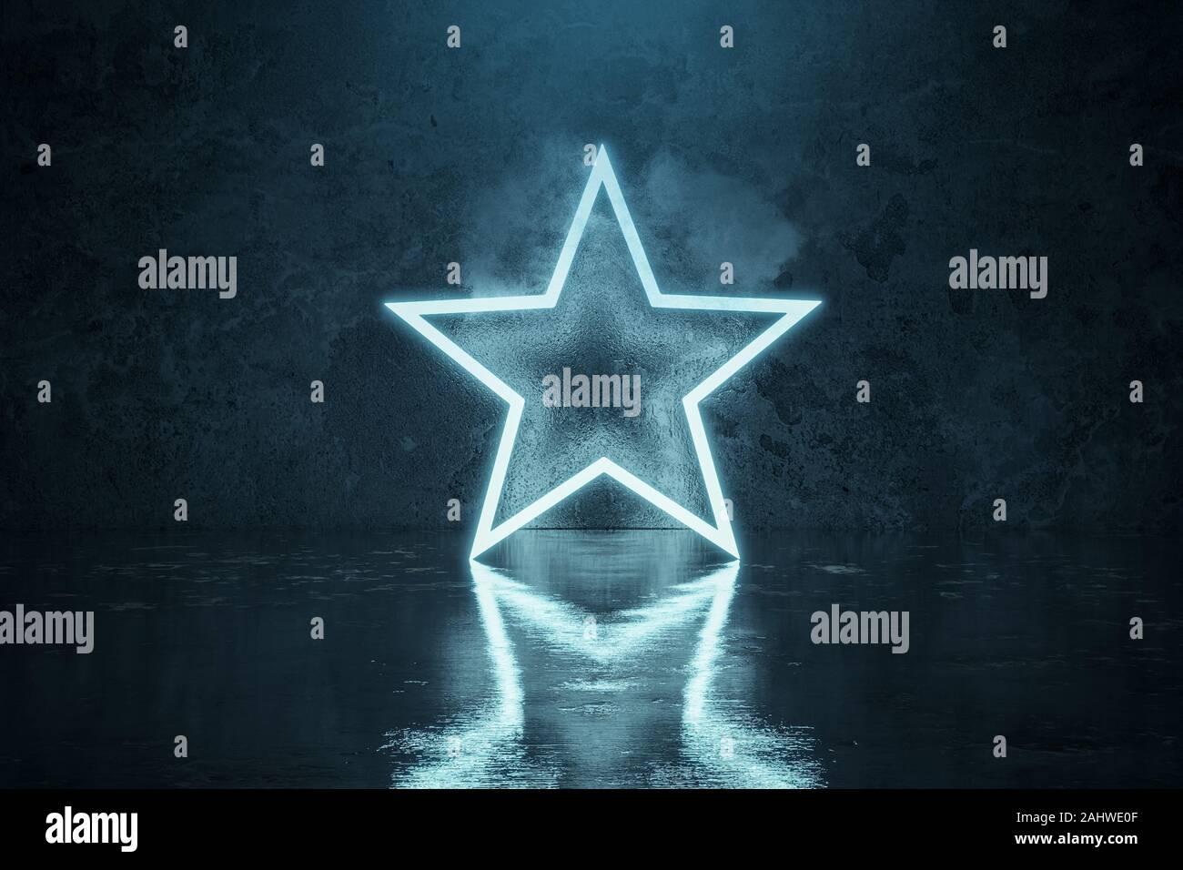 3d rendering of blue lighten star shape with light spot in front of grunge wall background with wet glossy floor Stock Photo