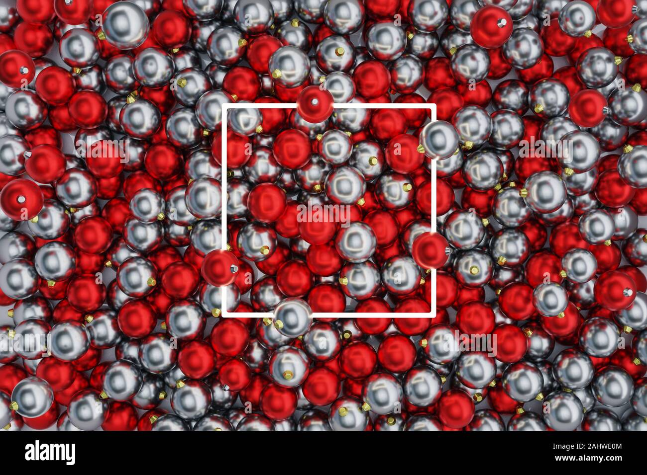 3d rendering of white square neon light over red and silver christmas balls. Flat lay of minimal festive style concept Stock Photo