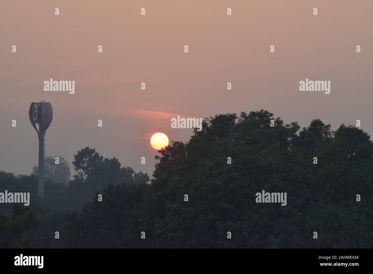 Sun hiding behind the tree, Sunset view, Chandigarh Stock Photo