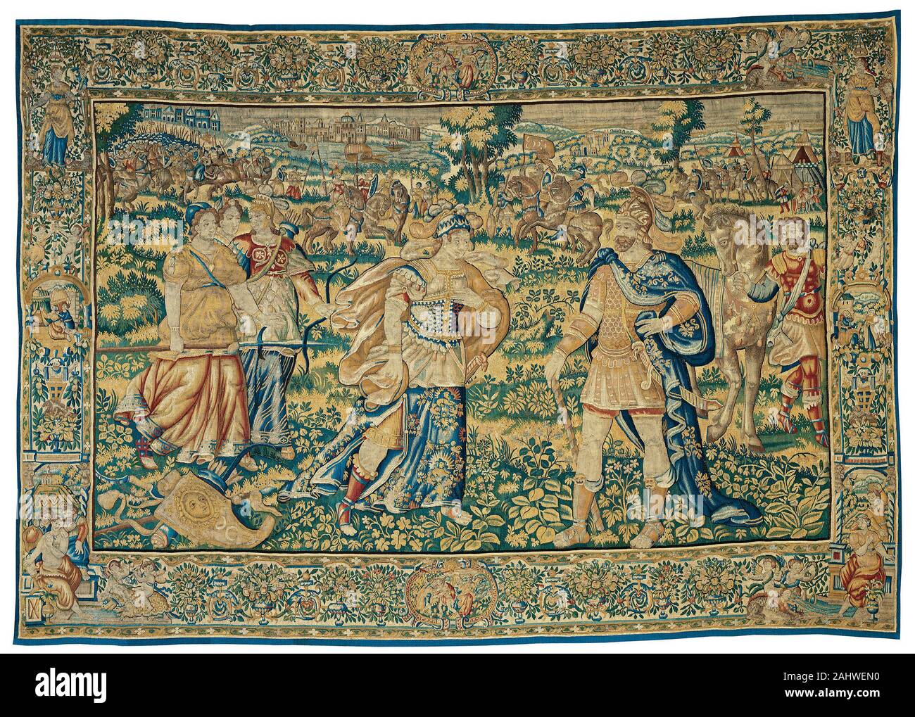 Alexander Encounters Thalestris, Queen of the Amazons, from The Story of Alexander the Great. 1595–1605. Flanders. Wool and silk, slit and double interlocking tapestry weave Stock Photo