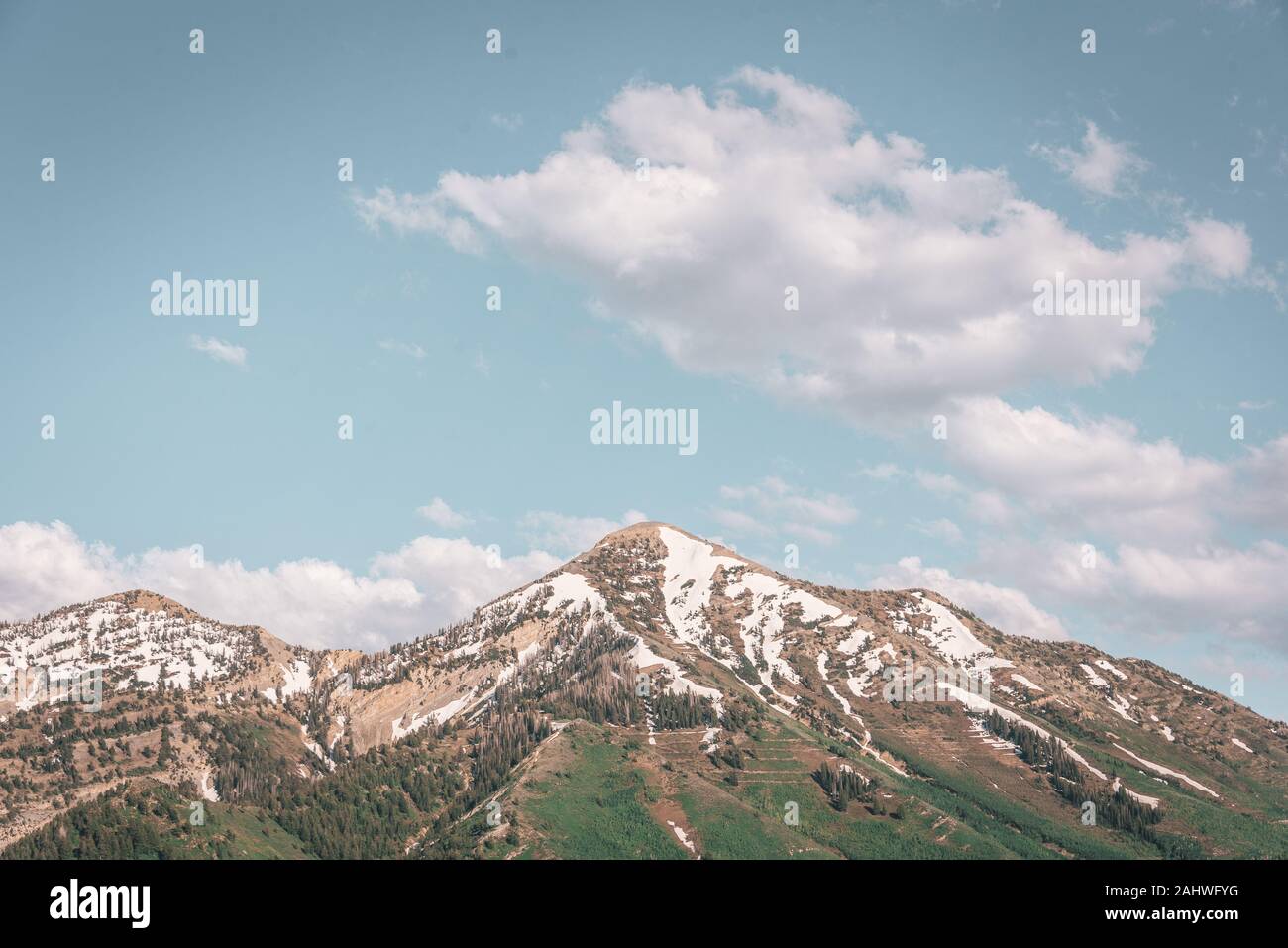 View of snowy mountains in the Wasatch Range, Orem, Utah Stock Photo