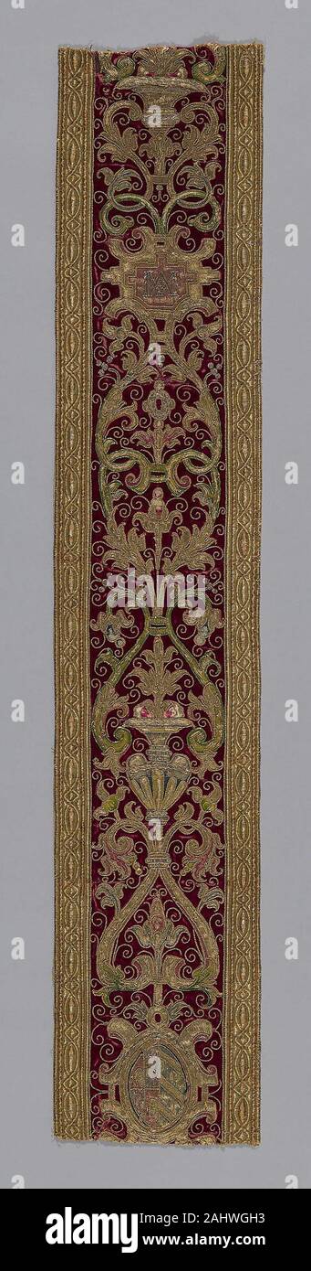 Orphrey Band. 1601–1700. Spain. Silk, warp-float faced with supplementary pile warps forming cut solid velvet, appliquéd with linen, plain weave; embroidered with silk floss and gilt-metal strip and purl-wrapped silk in satin and split stitches; laid work and couching; edged with linen, plain weave; embroidered with silk and gilt-metal strip-wrapped silk in padded couching Stock Photo