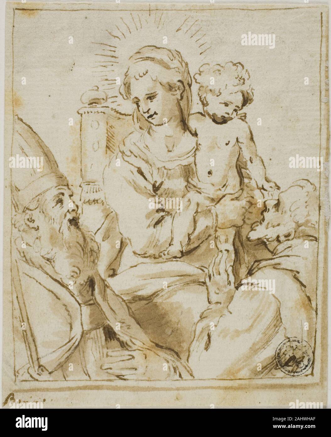 Giacomo Bambini. Madonna and Child with Two Male Saints. 1602–1639. Italy. Pen and brown ink, with brush and brown wash, on ivory laid paper, laid down on ivory laid paper, tipped onto cream card Stock Photo