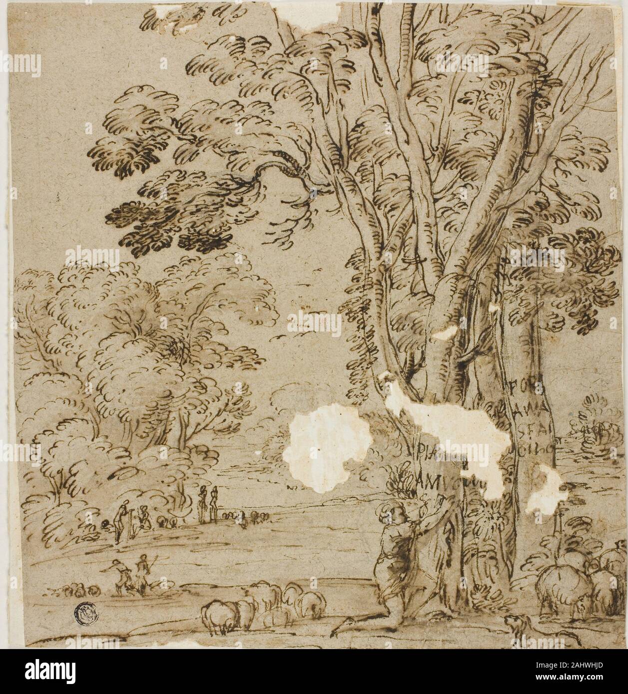 Agostino Tassi. Shepherd Carving an Inscription on Tree Trunk with Figures and Sheep in Background. 1500–1650. Italy. Pen and brown ink, with brush and brown wash, with traces of graphite, on blue laid paper (faded to brown), laid down on ivory laid paper Stock Photo