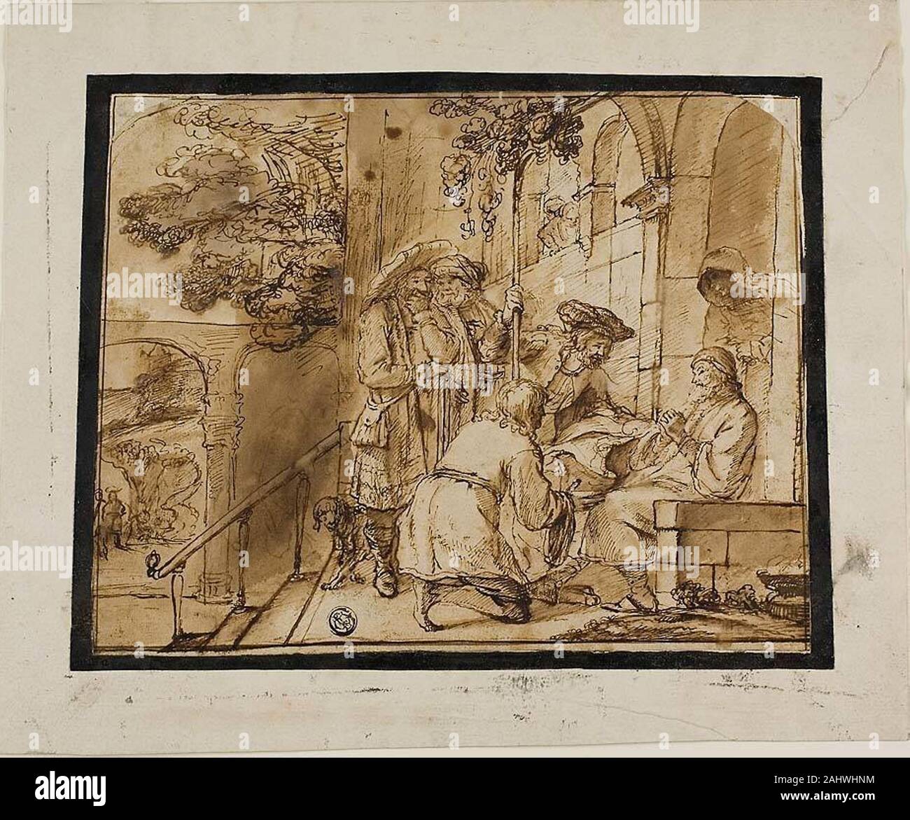 Jan Victors. Joseph's Brothers Showing His Coat to Jacob. 1640–1649. Netherlands. Pen and brown ink, with brush and brown wash, on cream laid paper Stock Photo