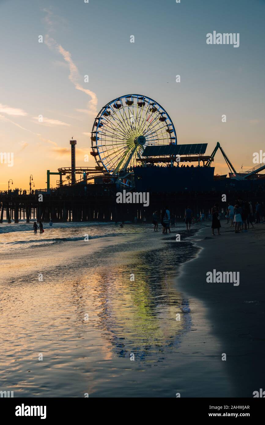 The Santa Monica Pier at sunset, in Los Angeles, California Stock Photo