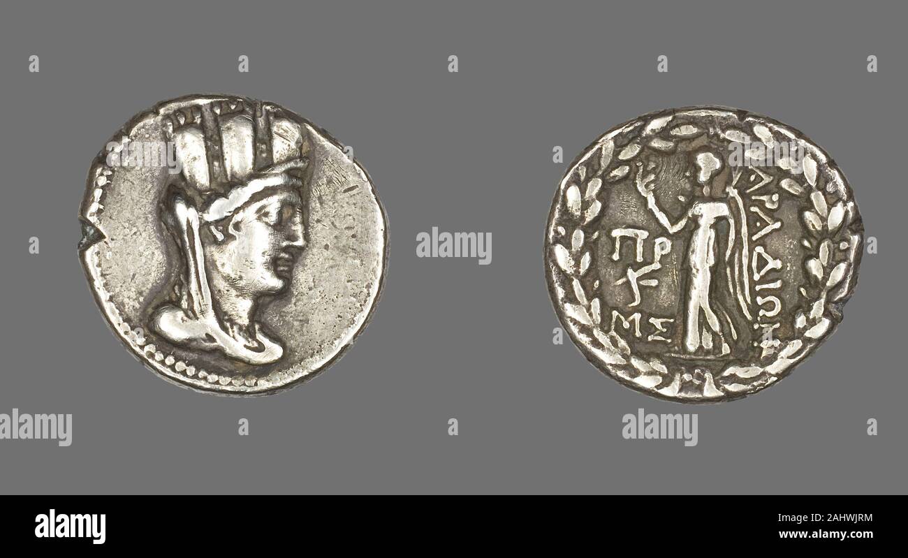 Ancient Greek. Tetradrachm (Coin) Depicting the Goddess Tyche. 80 BC–79 BC. Aradus. Silver Stock Photo
