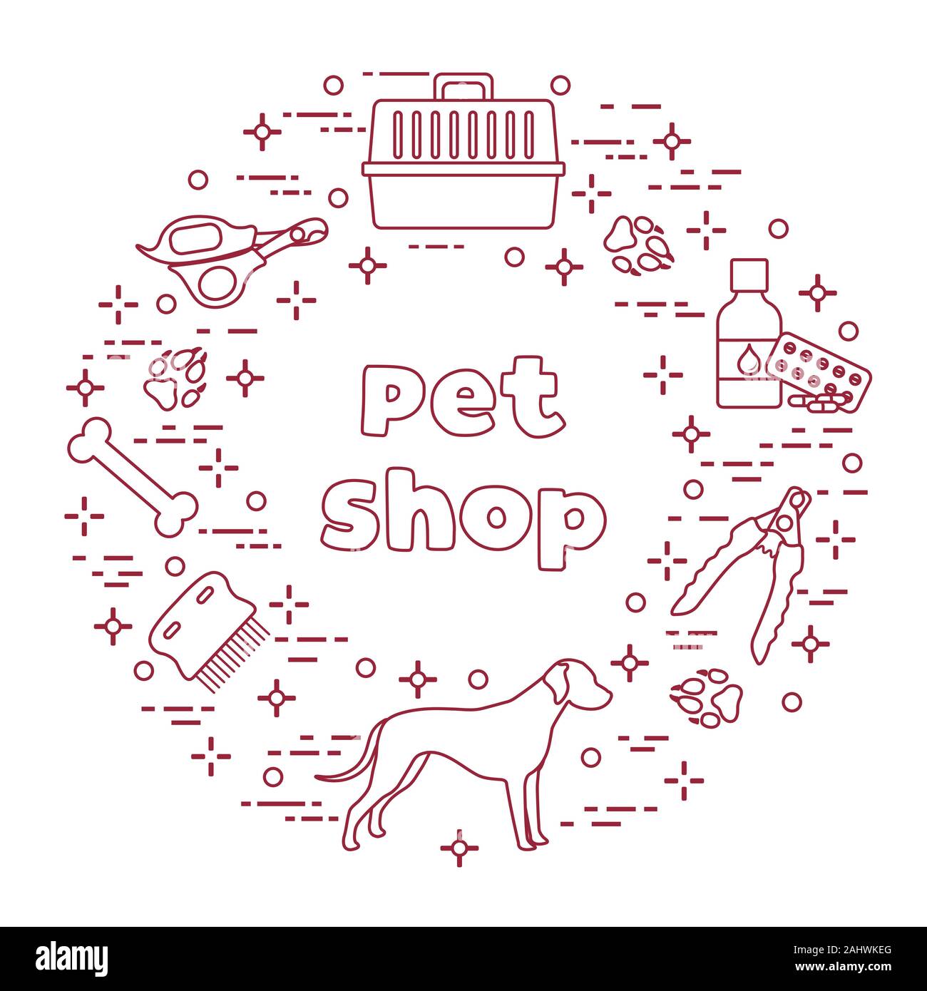 Vector illustration Dog, paw tracks, bone, comb, scissors, carrying ...