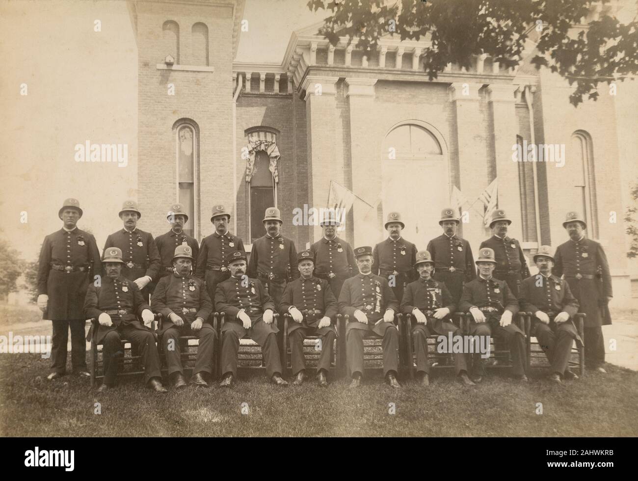 Antique 1891 photograph, “Binghamton, New York Police Force – 1891 – average weight 216.75 pounds.”  SOURCE: ORIGINAL PHOTOGRAPH Stock Photo