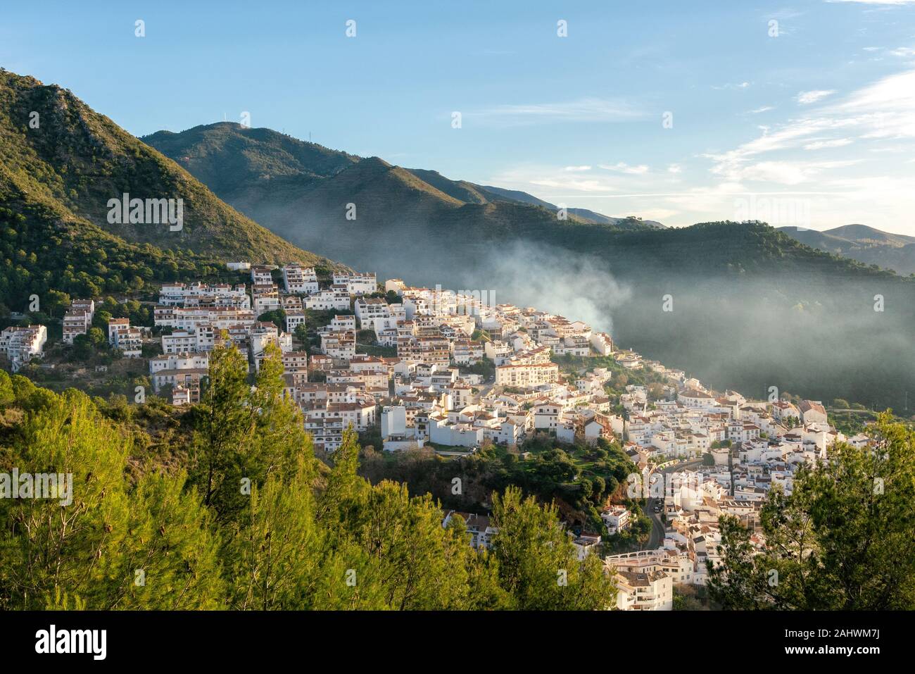 Spanish village Ojen located in Costa Del Sol at early morning light. Stock Photo