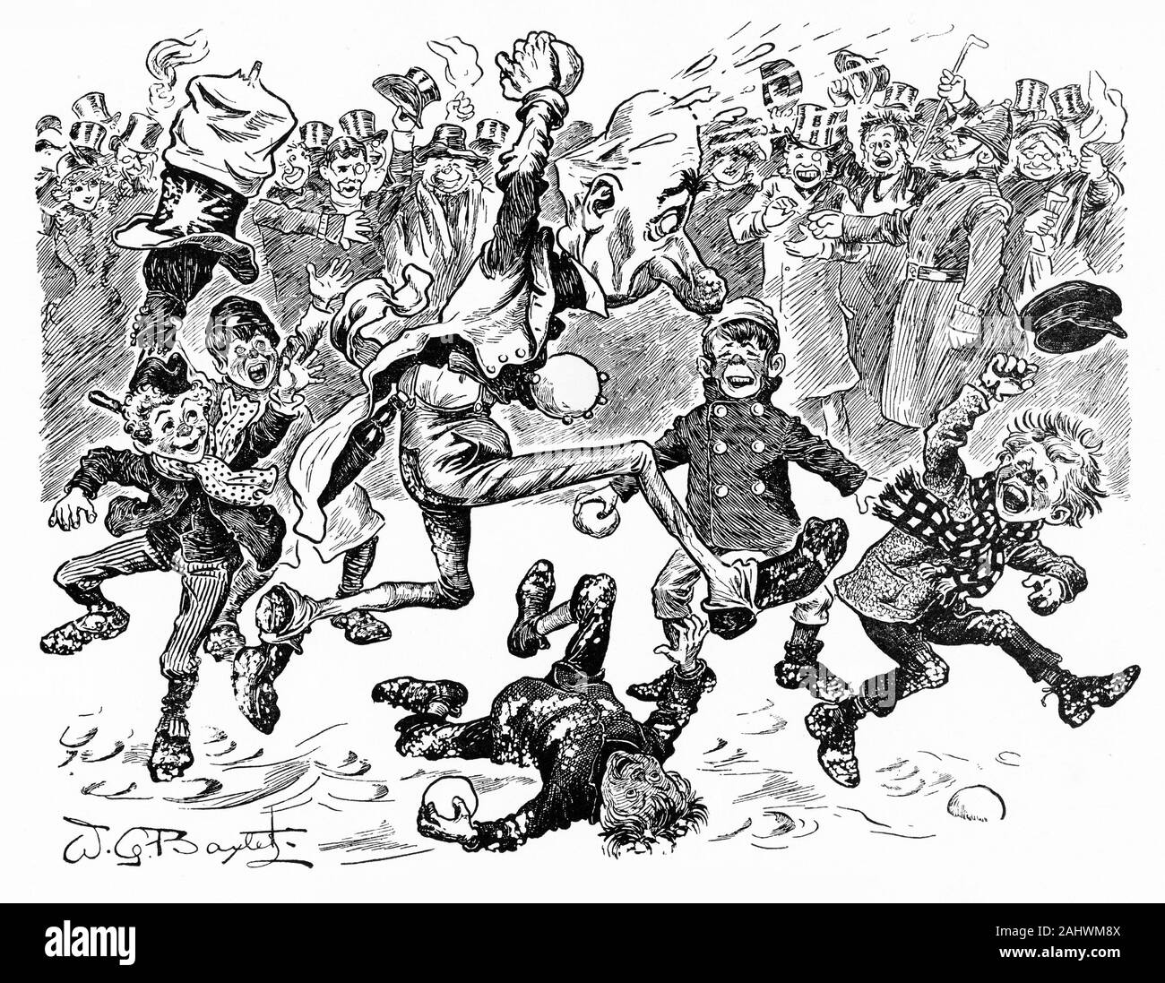 Engraving of a crowd of people in London enjoying a snowball fight involving a crowd of boys and their elderly victim. Stock Photo