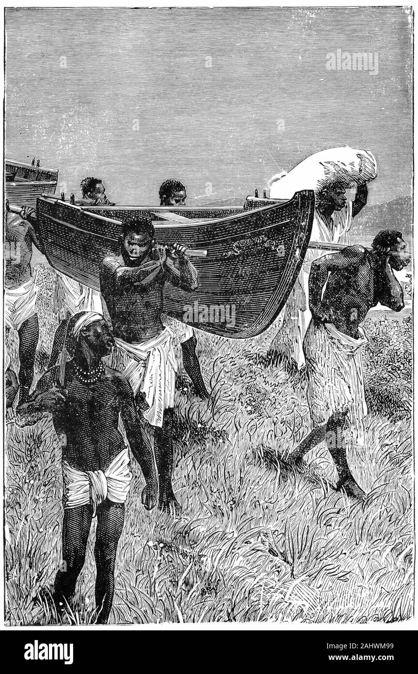 Engraving of Africans carrying sections of a boat for Alexander Murdoch Mackay (1849 – 1890) a Scottish Presbyterian missionary to Uganda, known as Mackay of Uganda. Stock Photo
