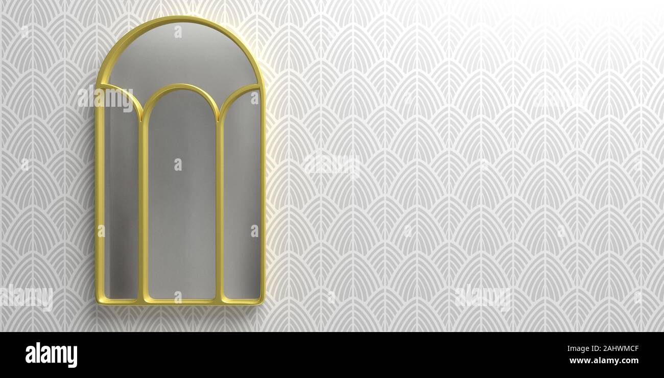 Art Deco mirror gold plated frame on wallpaper background silver and white color, home interior, copy space. 3d illustration Stock Photo