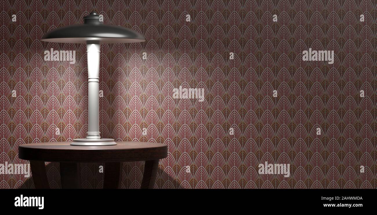 Classic Vintage Table Lamp Glowing On Wallpaper Background Red And