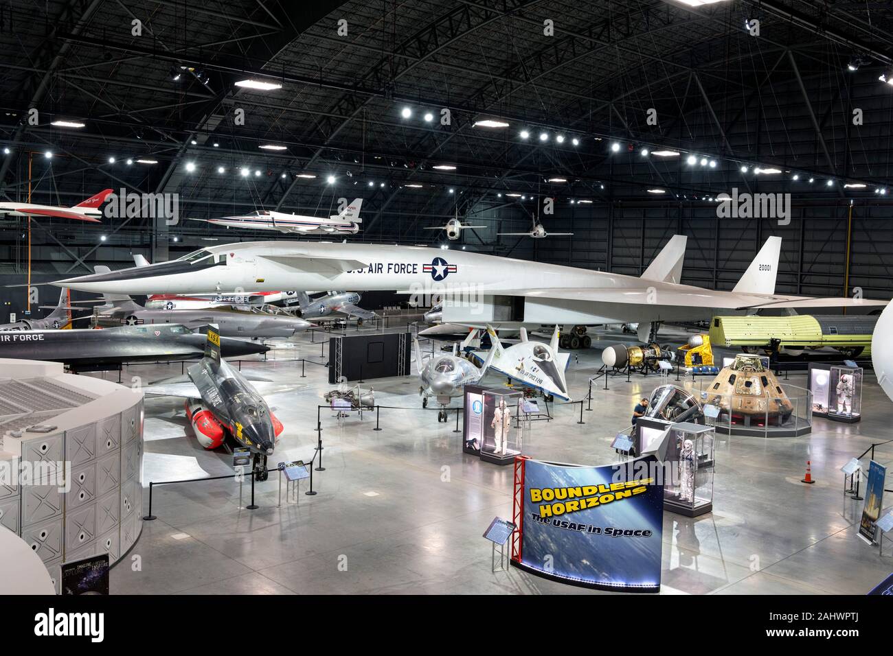 View over the Space Gallery and Research and Development Gallery at the National Museum of the United States Air Force (formerly the United States Air Force Museum), Wright-Patterson Air Force Base, Dayton, Ohio, USA. The airplane in the centre of the shot is the experimental XB-70A Valkyrie Stock Photo