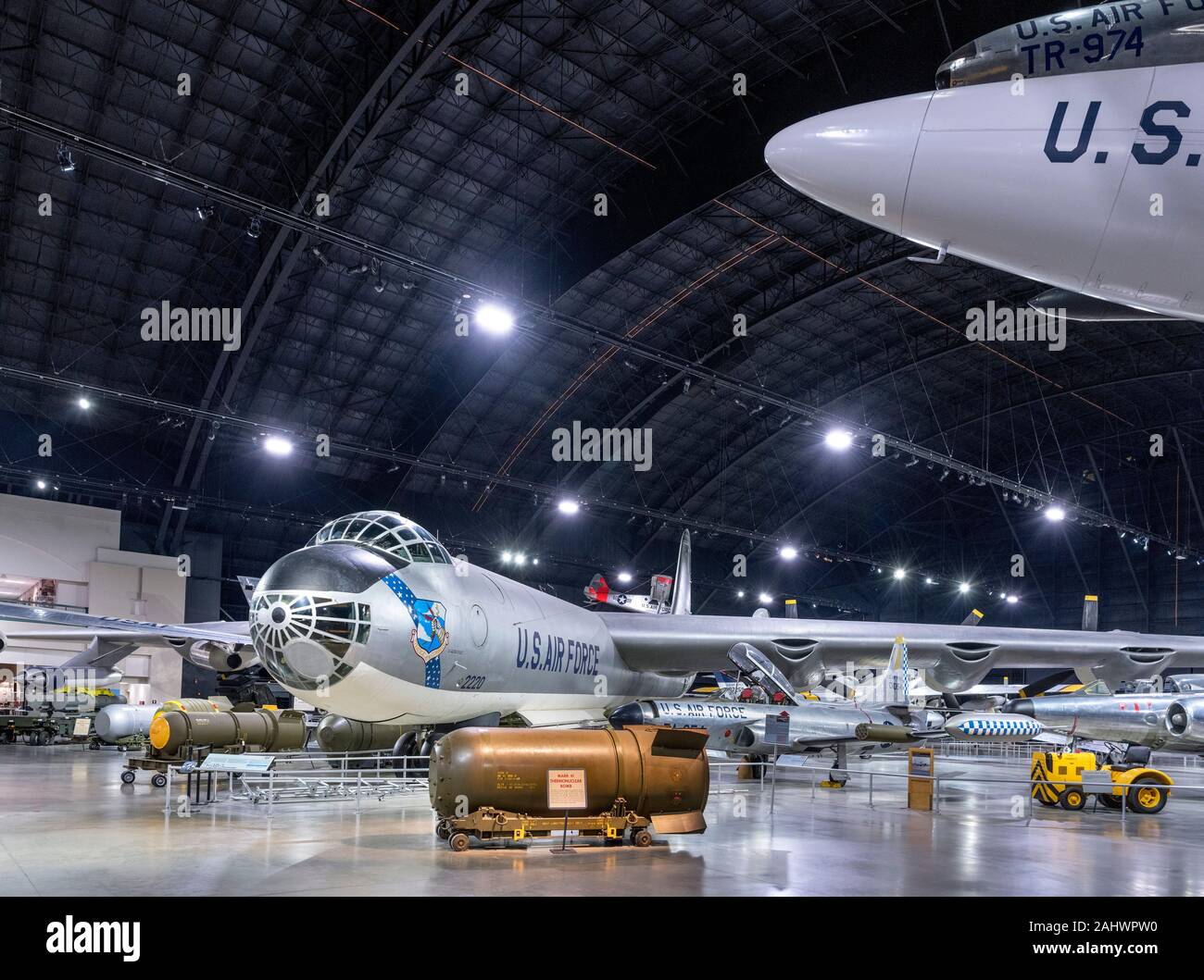 Convair B-36J Peacemaker strategic bomber, National Museum of the United States Air Force (formerly the United States Air Force Museum), Dayton, Ohio, USA. There is a Mark 41 (B41) Thermonuclear Bomb in the foreground. Stock Photo