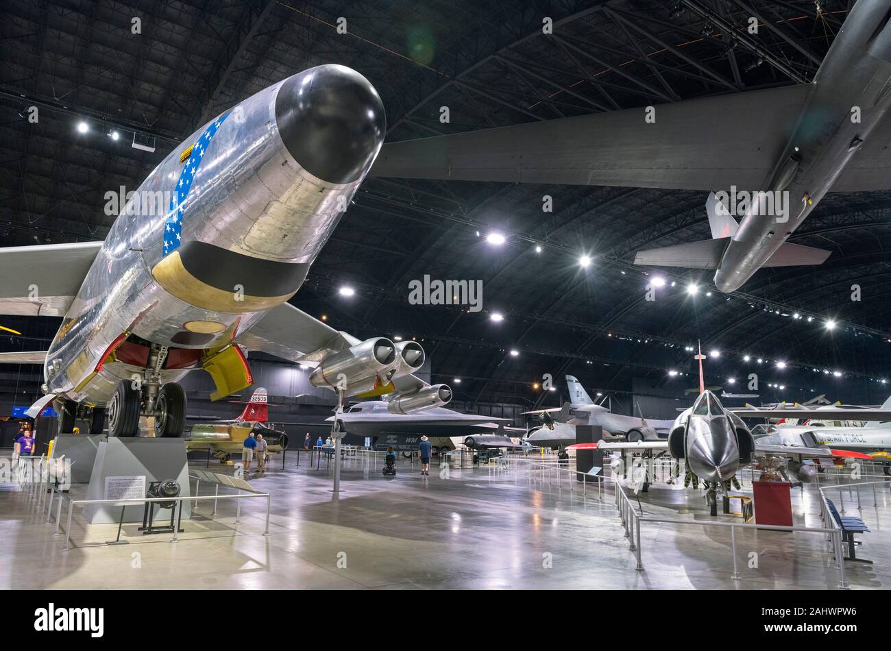 Cold War aircraft with a Boeing RB-47H Stratojet strategic bomber in the foreground and a Convair F-102 Delta Dagger to the right, National Museum of the United States Air Force (formerly the United States Air Force Museum), Dayton, Ohio, USA. Stock Photo