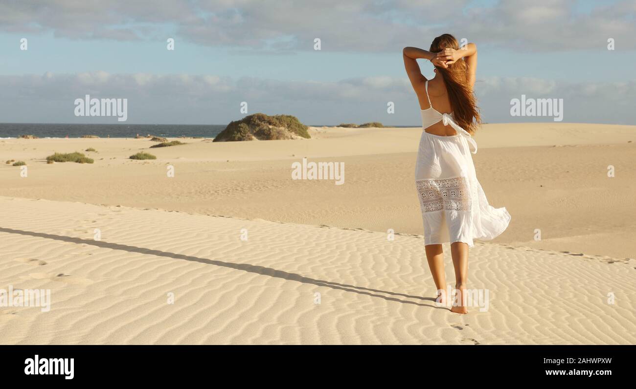 Panoramic Banner View Of Beautiful Woman With White Dress Walking