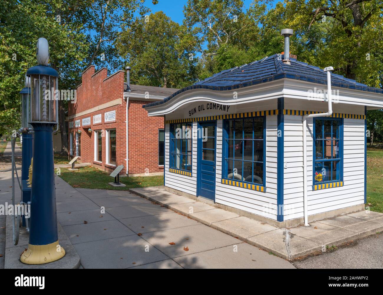 Old gas station in Carillon Historical Park, Dayton, Ohio, USA Stock Photo