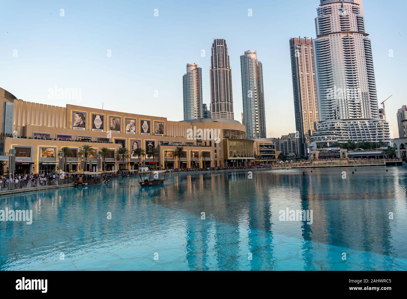 Downtown Dubai landmarks and tourist attractions - The Dubai Mall and the Fountain - Souk al Bahar - The address | Luxury travel and shopping Stock Photo