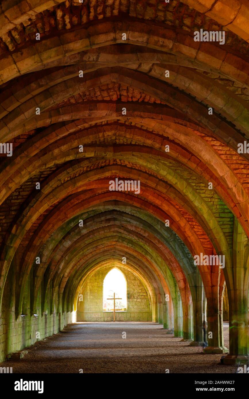 Illuminated Cellarium at Fountains Abbey in North Yorkshire during a