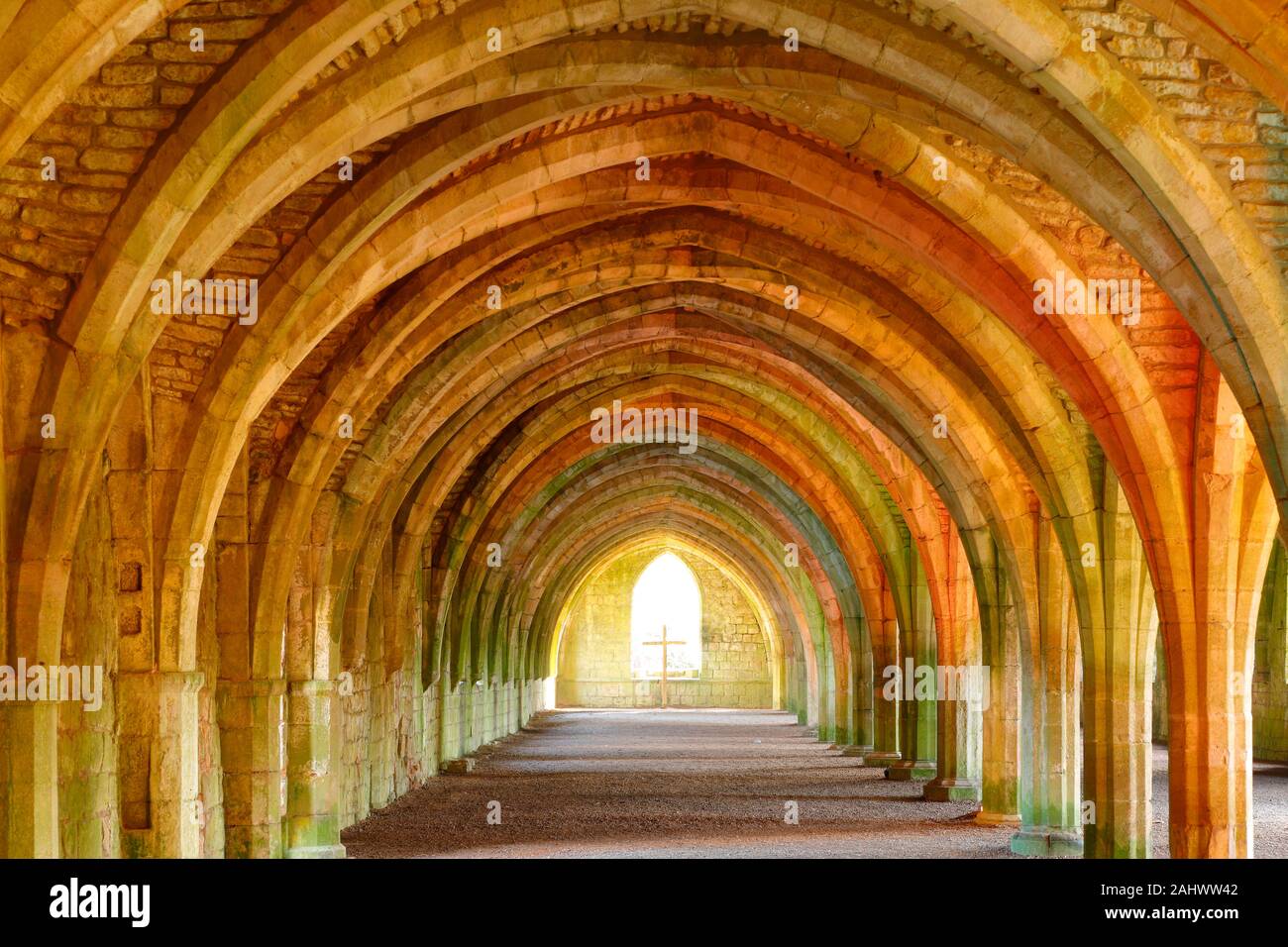 Illuminated Cellarium at Fountains Abbey in North Yorkshire during a