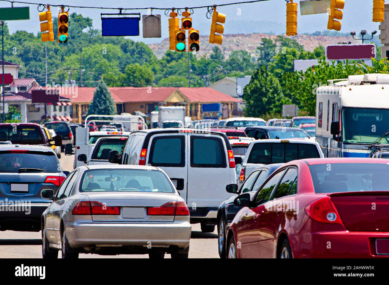 Horizontal shot of heavy traffic gridlock. Stock Photo