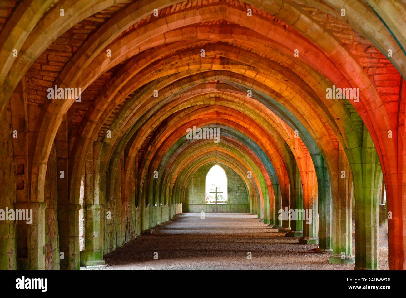 Illuminated Cellarium at Fountains Abbey in North Yorkshire Stock Photo