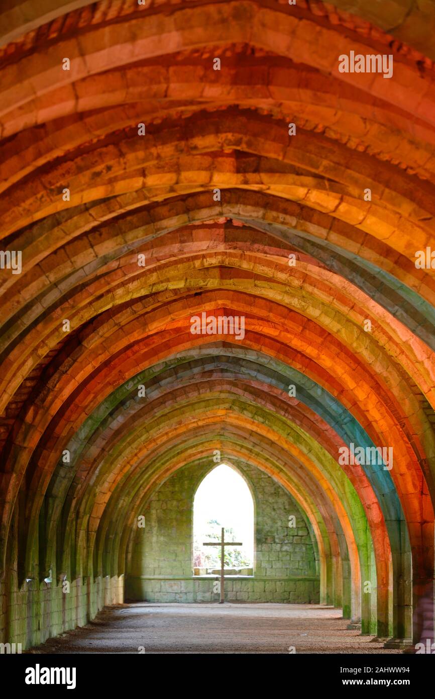 Illuminated Cellarium at Fountains Abbey in North Yorkshire Stock Photo