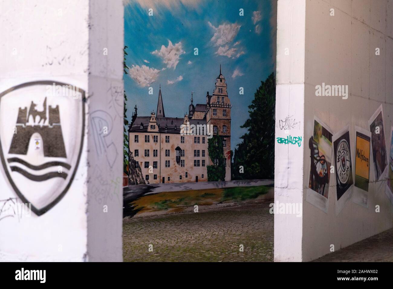 Wolfsburg castle is painted as street art in downtown region Stock Photo