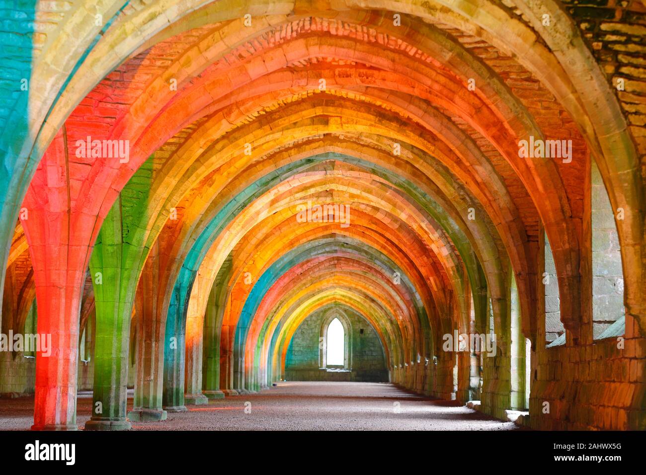 Illuminated Cellarium at Fountains Abbey in North Yorkshire Stock Photo Alamy