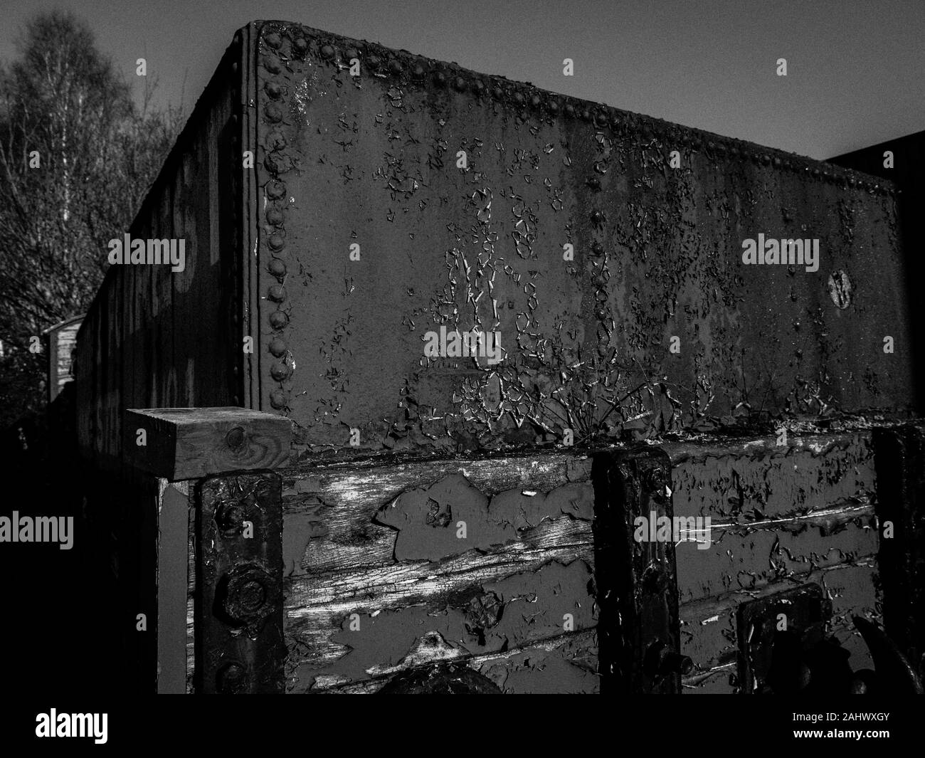 Black and White Scenic Rollingstock, Railway Wagon, Rust and Wood Detail, Didcot Railway Centre, Didcot, Oxfordshire, England, UK, GB. Stock Photo