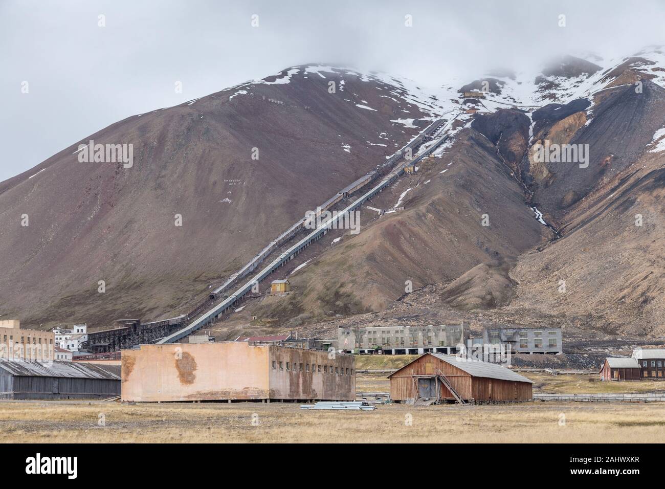 Disused mine workings at Pyramiden, an abandoned Russian coal mining settlement on Spitzbergen on the Norwegian archipelago of Svalbard in the Arctic Stock Photo