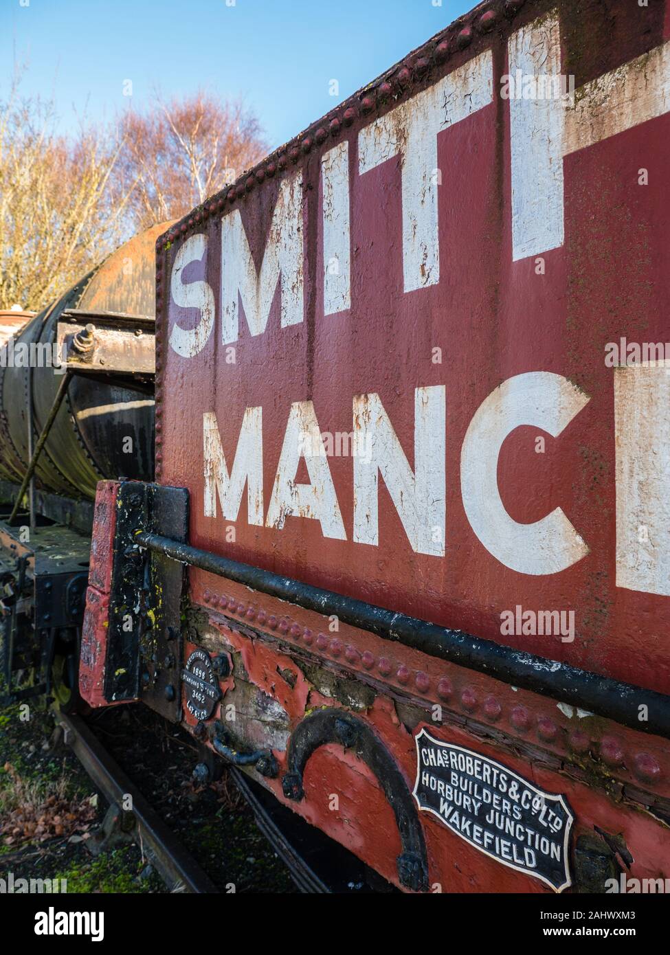 Red Railway Wagon, Winter, Didcot Railway Centre, Oxfordshire, England, UK, GB. Stock Photo