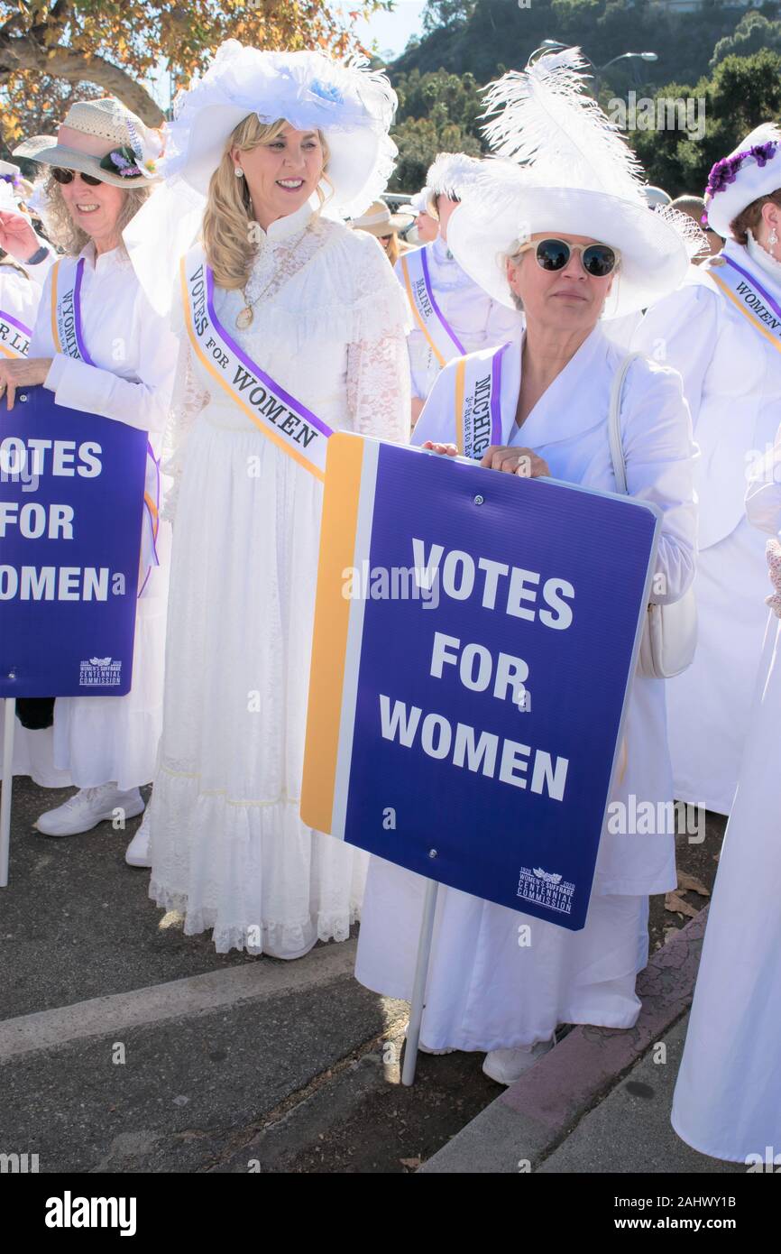 2020 Centennial Celebration For The 19th Amendment Kicks Off At The Rose Parade® with winning float and 98 women marching to honor suffragists Stock Photo