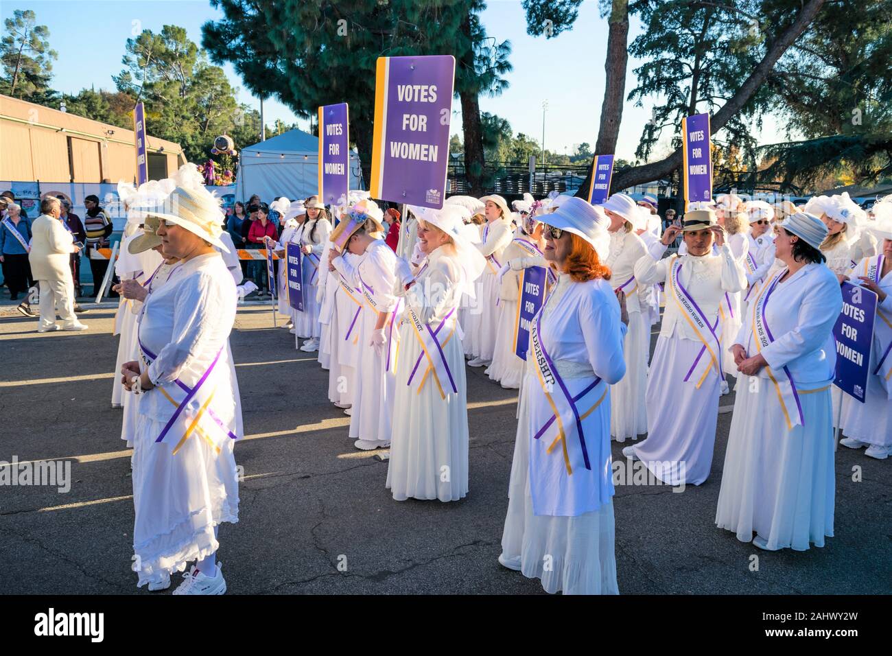 Centennial Celebration for 19th Amendment Kicked Off At Rose Parade in Pasadena, CA with floral float, followed by 98 women honoring suffragists Stock Photo