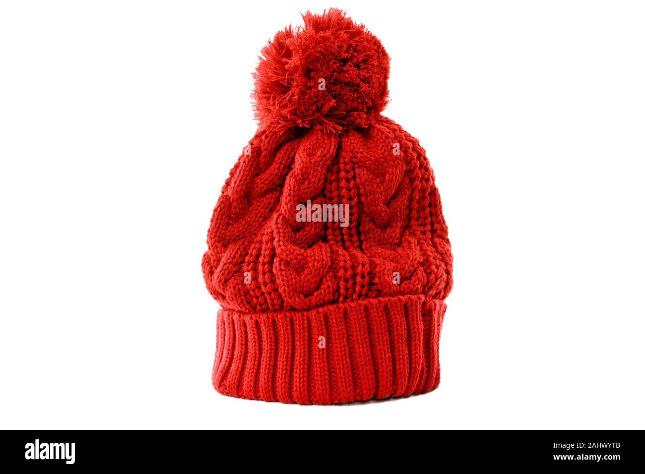 Red winter ski knit hat isolated white Stock Photo