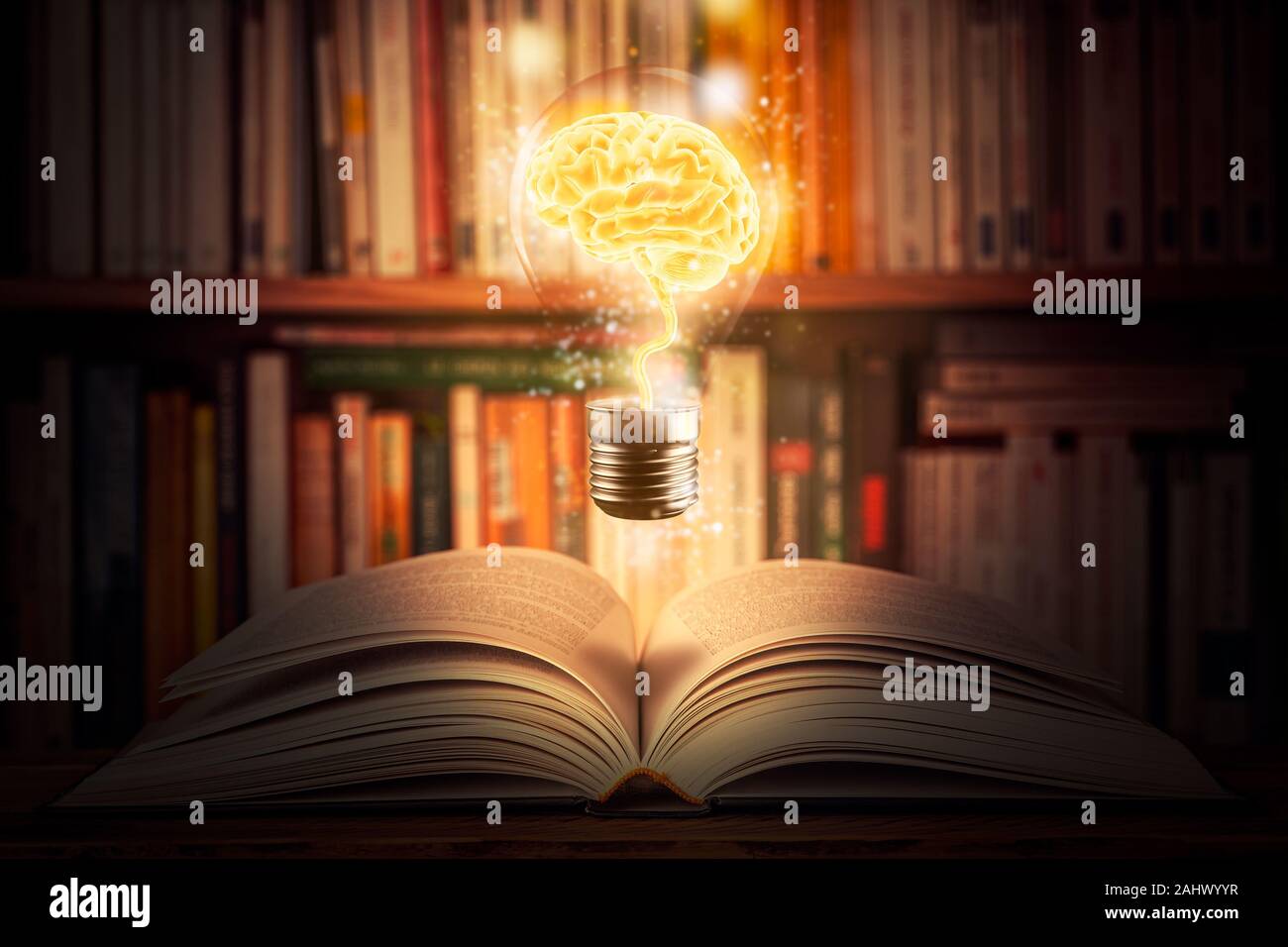 Glowing and shining brain lightbulb over an open book with a bookshelf as background. Knowledge, study, cognition, learning, literacy, library 3d illu Stock Photo