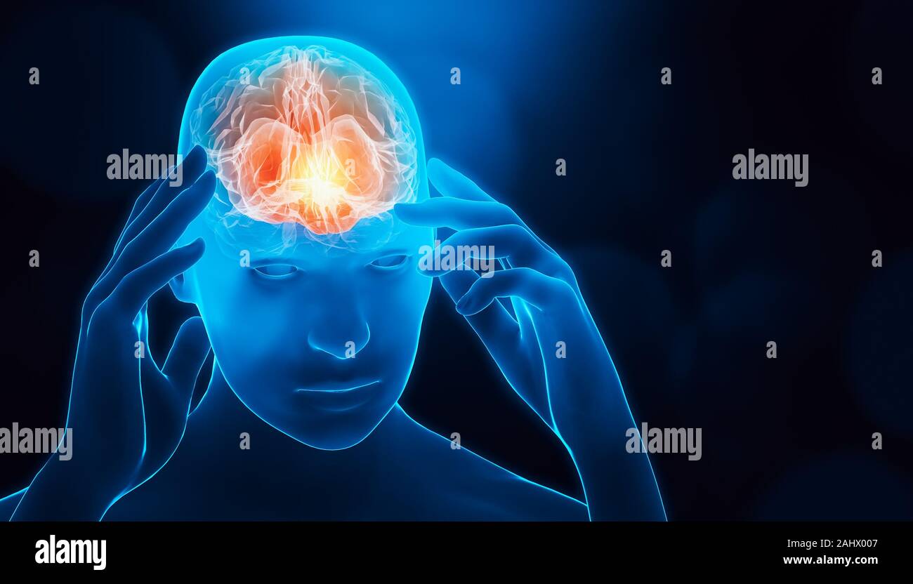 Male portrait with hands touching his temples. Brain activity, injury, pain, headache, illness or sickness, meditation, thinking, healing, relaxation Stock Photo